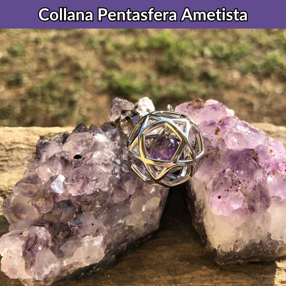 Collana Regolabile Ciondolo Pentasfera in acciaio inossidabile con pietra naturale Ametista