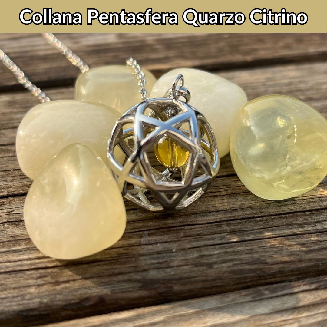 Collana Regolabile Ciondolo Pentasfera in acciaio inossidabile con pietra naturale Quarzo Citrino