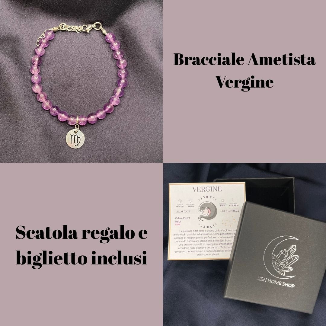 Ametista Segni Zodiacali - Bracciale regolabile in acciaio inossidabile e pietre naturali da 6mm - Zen Home