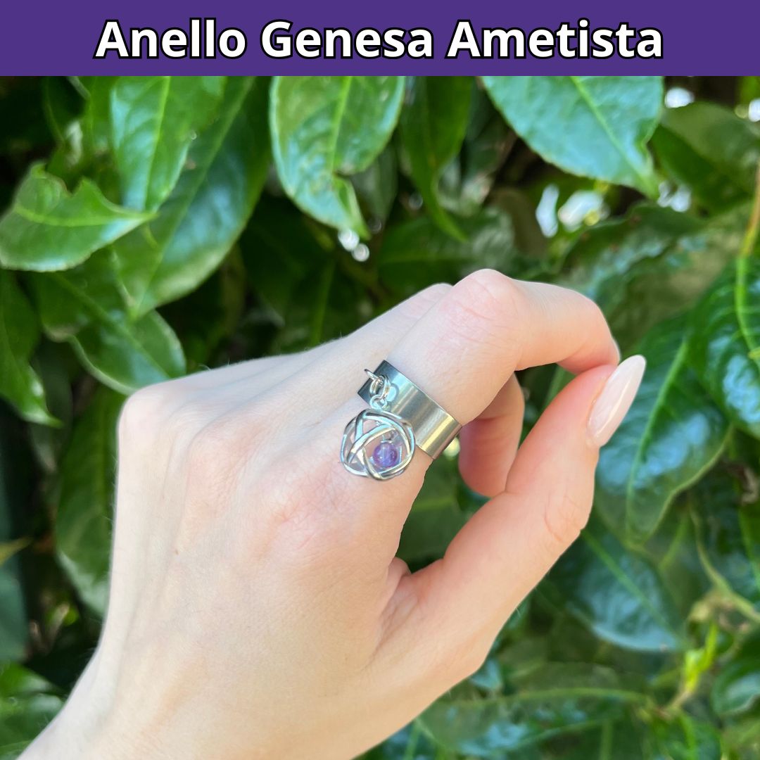 Anello Ciondolo Genesa in acciaio inossidabile con pietra naturale Ametista - Zen Home