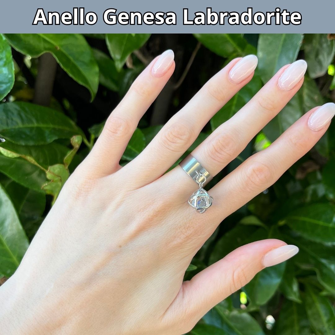 Anello Ciondolo Genesa in acciaio inossidabile con pietra naturale Labradorite - Zen Home