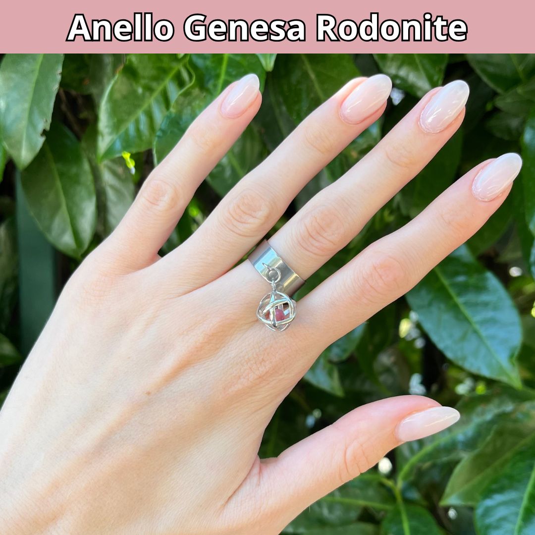 Anello Ciondolo Genesa in acciaio inossidabile con pietra naturale Rodonite - Zen Home