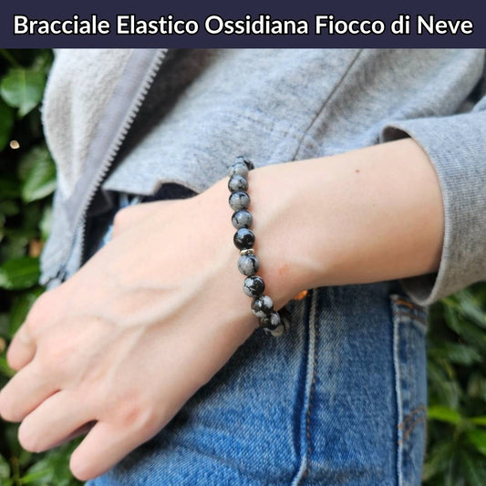 Bracciale elastico con pietra naturale Ossidiana Fiocco di Neve - Zen Home