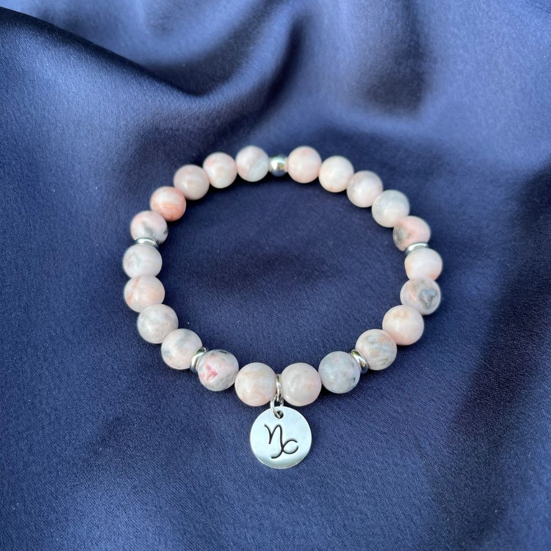 Bracciale elastico Diaspro Zebra Rosa e Segno Zodiacale - Zen Home