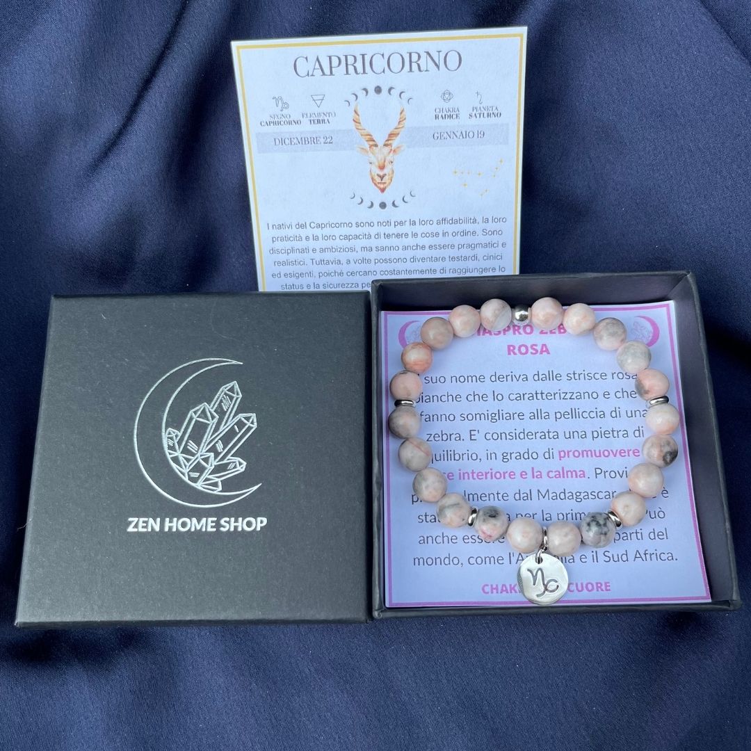 Bracciale elastico Diaspro Zebra Rosa e Segno Zodiacale - Zen Home