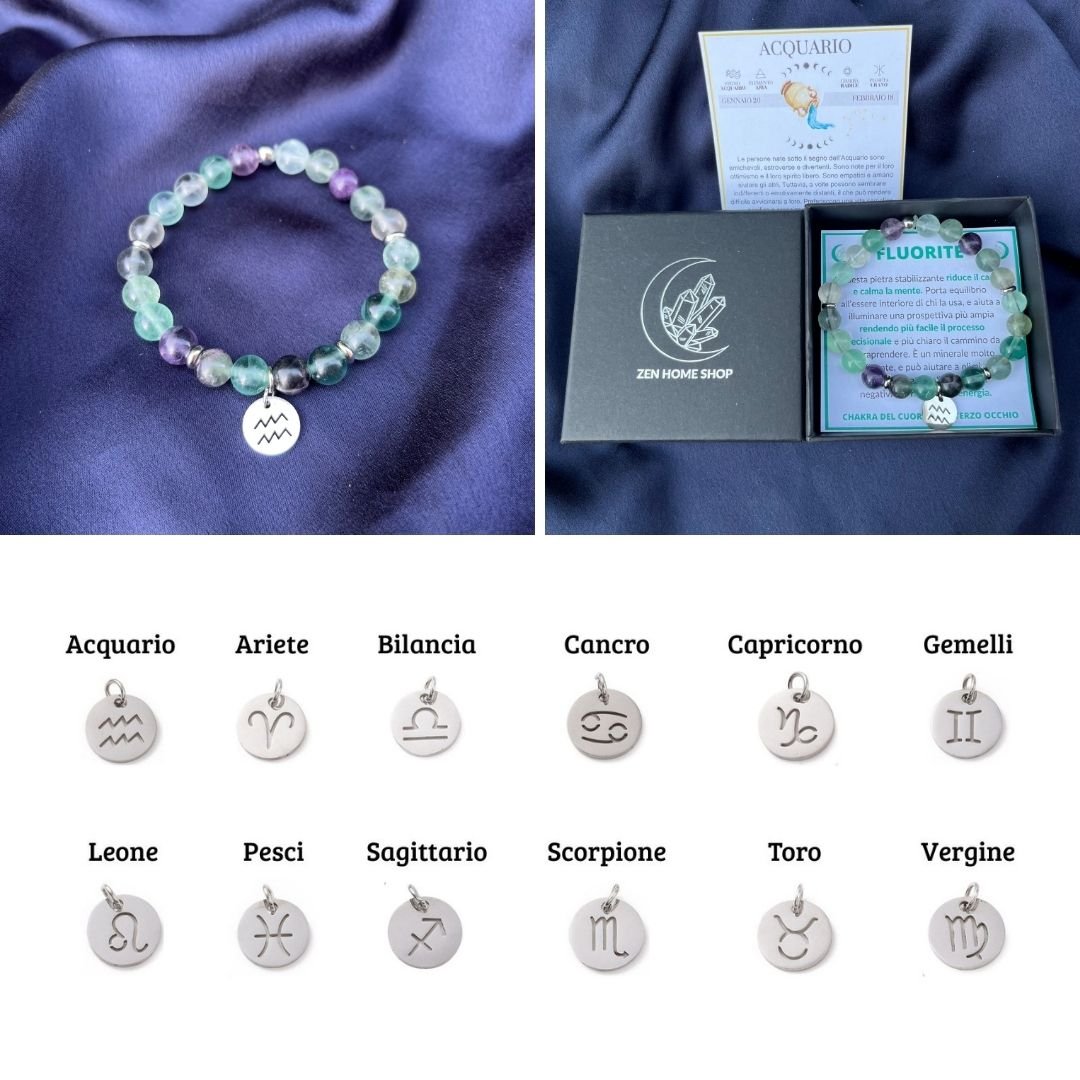 Bracciale elastico Fluorite Arcobaleno e Segno Zodiacale - Zen Home