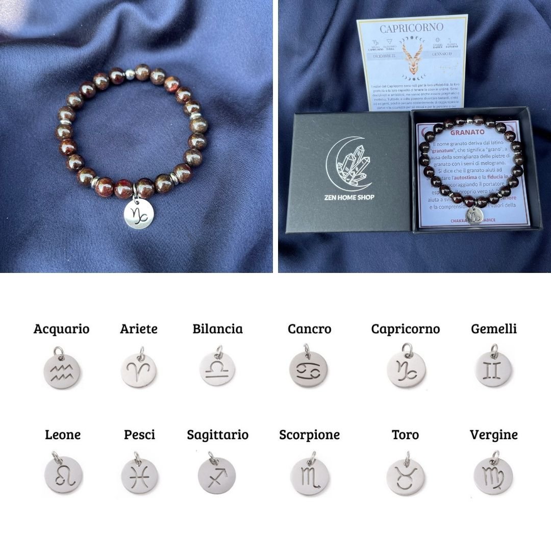 Bracciale elastico Granato e Segno Zodiacale - Zen Home
