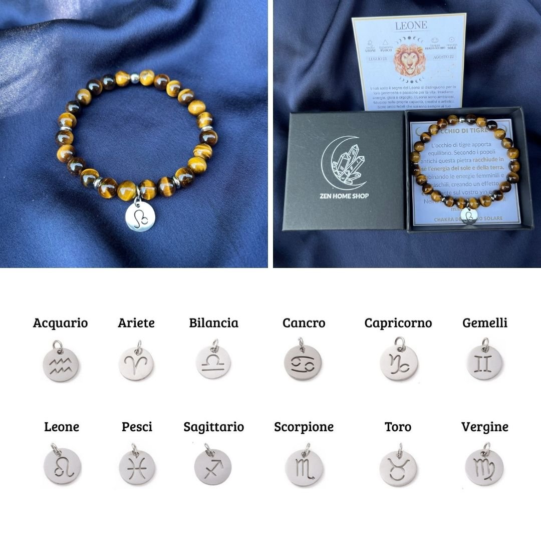Bracciale elastico Occhio di Tigre e Segno Zodiacale - Zen Home