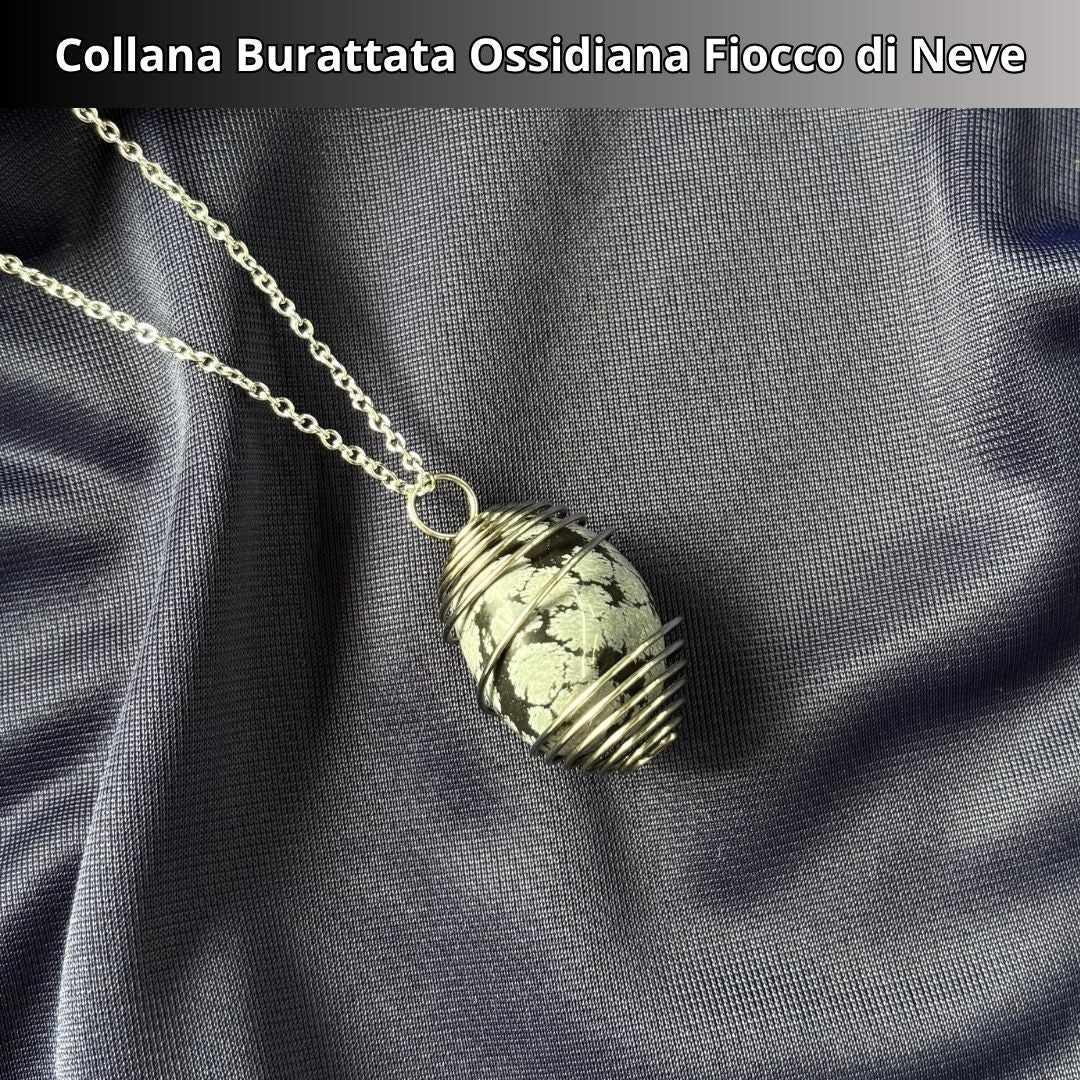 Collana Ossidiana Fiocco di Neve Burattata con Spirale in Acciaio Inossidabile - Zen Home