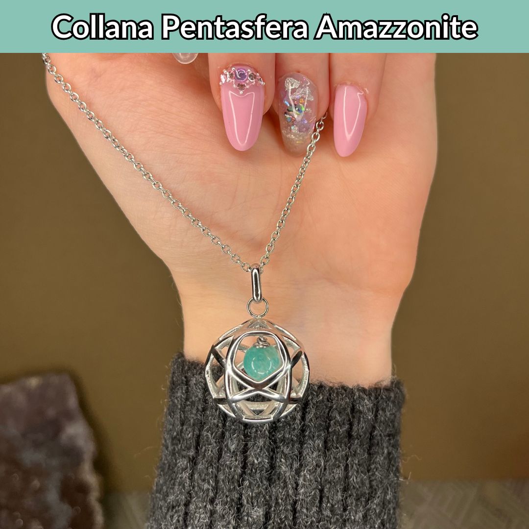 Collana Regolabile Ciondolo Pentasfera in acciaio inossidabile con pietra naturale Amazzonite - Zen Home