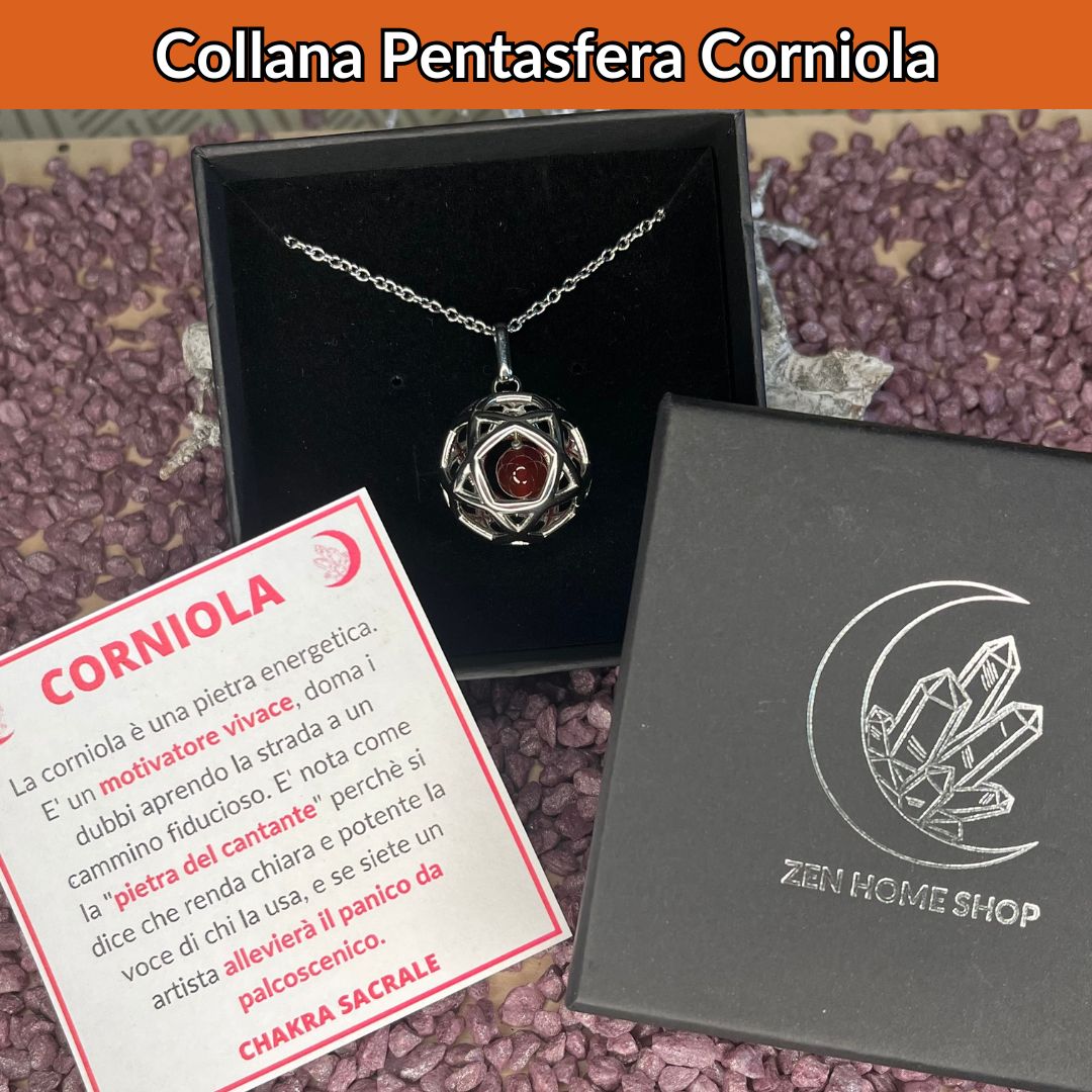 Collana Regolabile Ciondolo Pentasfera in acciaio inossidabile con pietra naturale Corniola - Zen Home