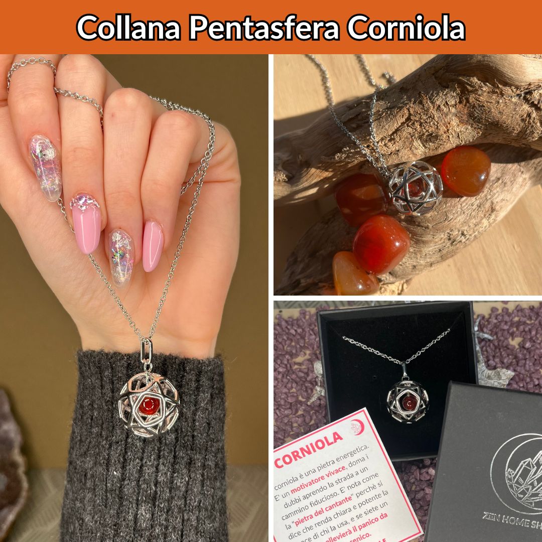 Collana Regolabile Ciondolo Pentasfera in acciaio inossidabile con pietra naturale Corniola - Zen Home