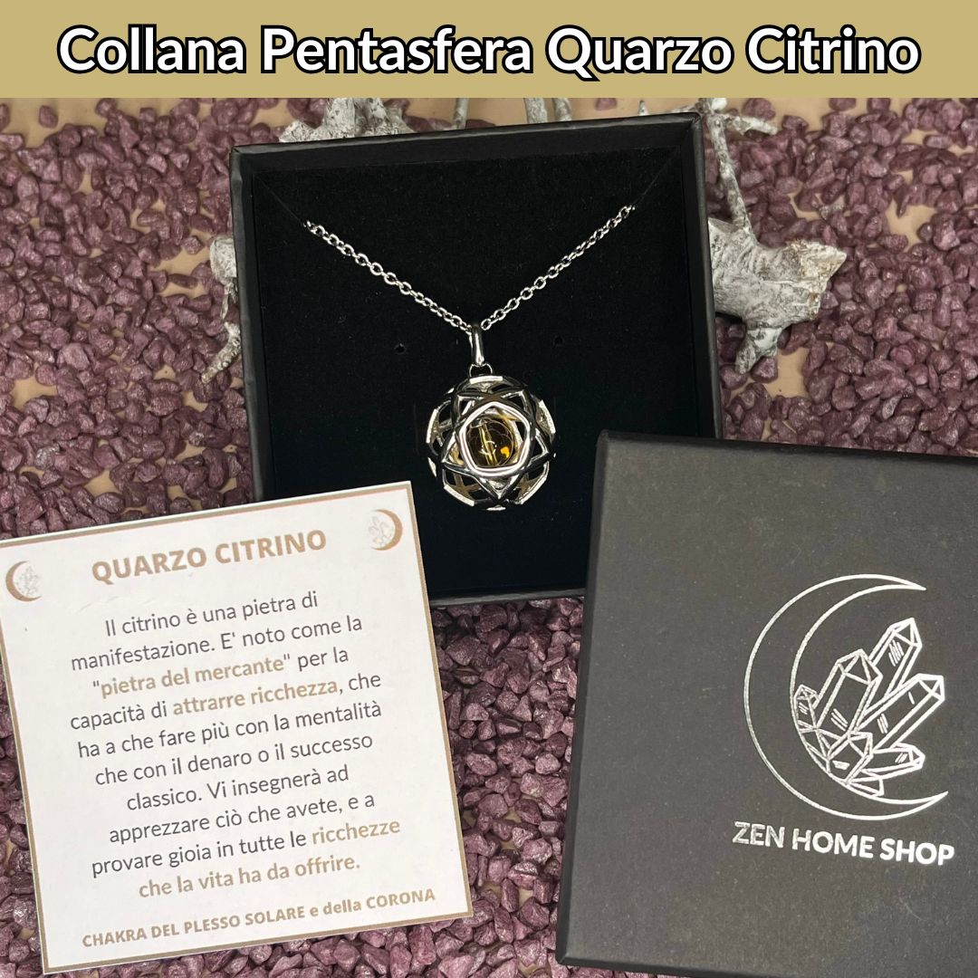 Collana Regolabile Ciondolo Pentasfera in acciaio inossidabile con pietra naturale Quarzo Citrino - Zen Home