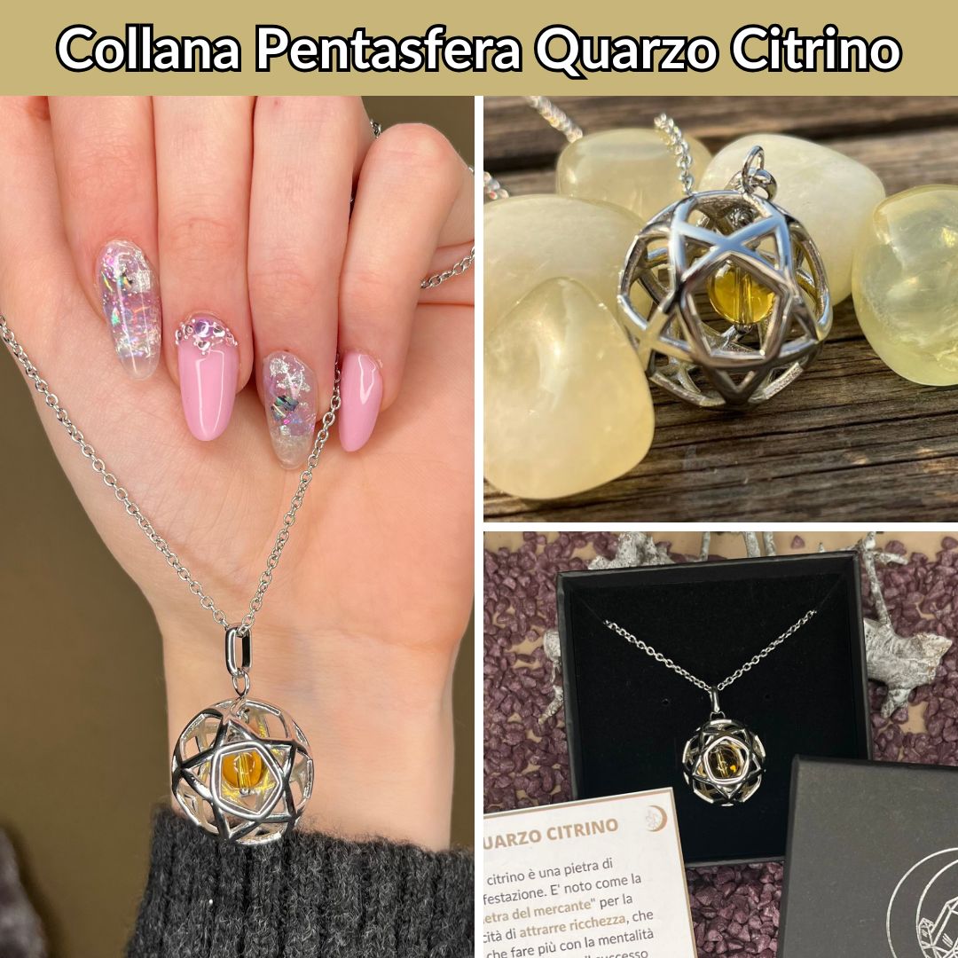 Collana Regolabile Ciondolo Pentasfera in acciaio inossidabile con pietra naturale Quarzo Citrino - Zen Home