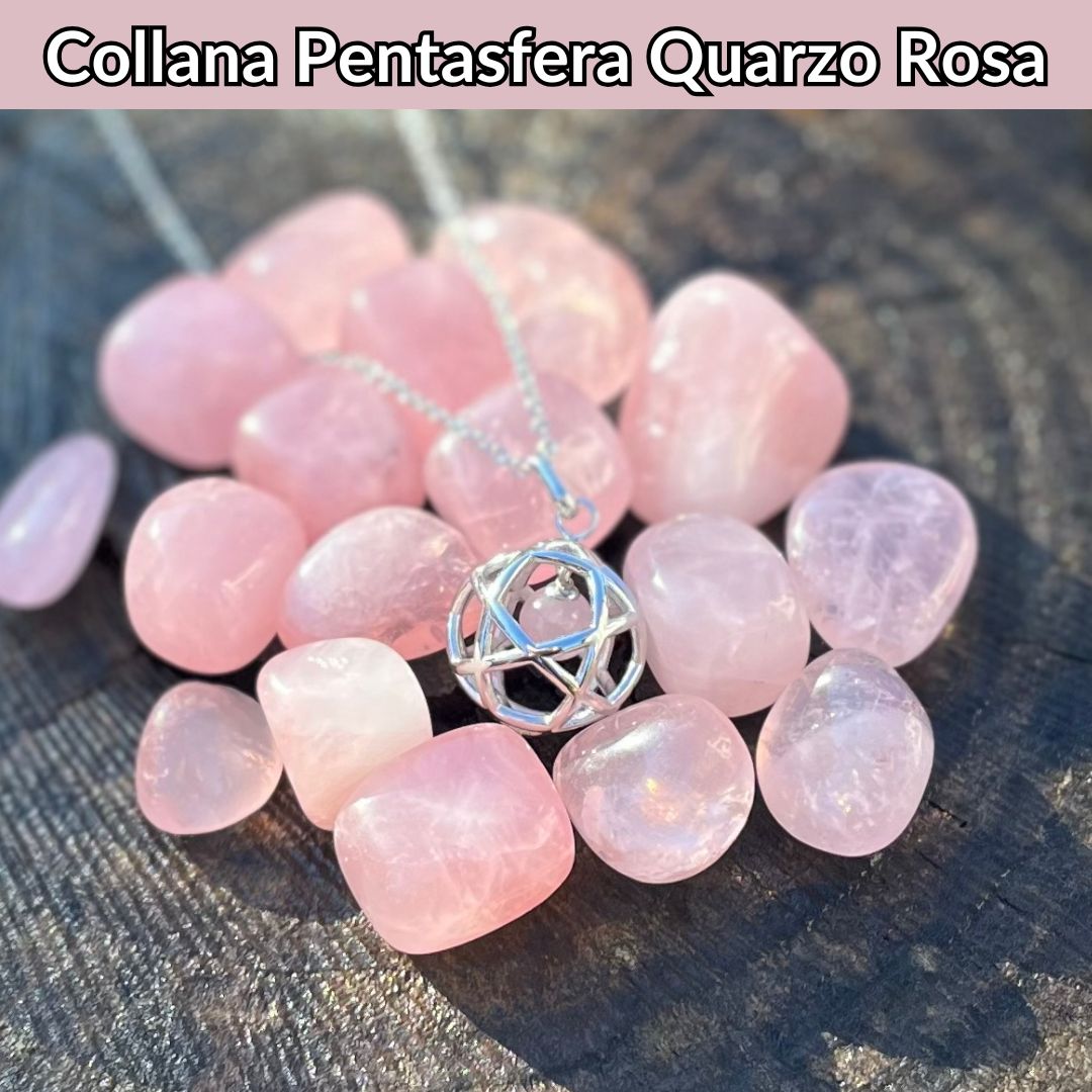 Collana Regolabile Ciondolo Pentasfera in acciaio inossidabile con pietra naturale Quarzo Rosa - Zen Home