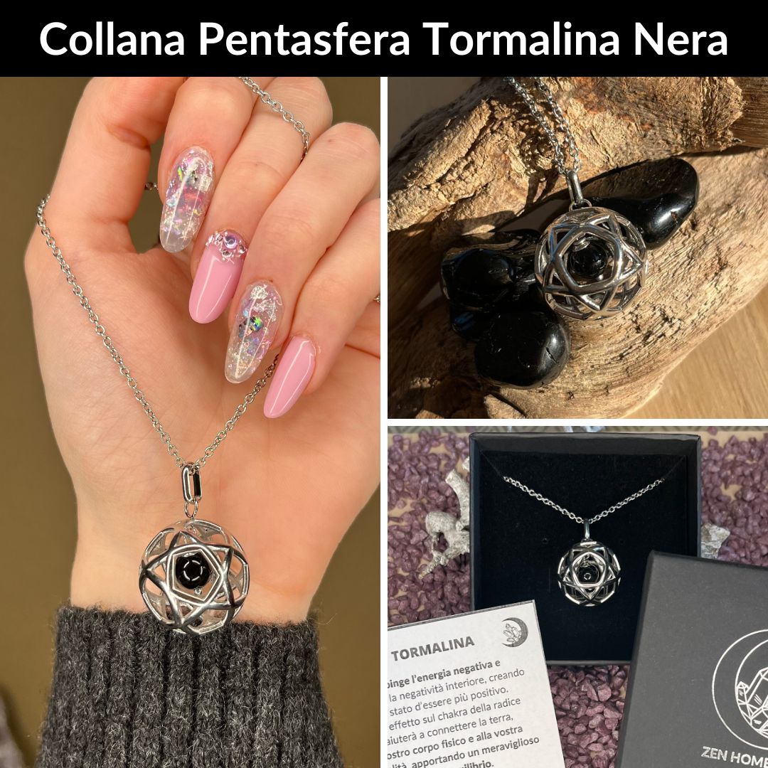 Collana Regolabile Ciondolo Pentasfera in acciaio inossidabile con pietra naturale Tormalina Nera - Zen Home