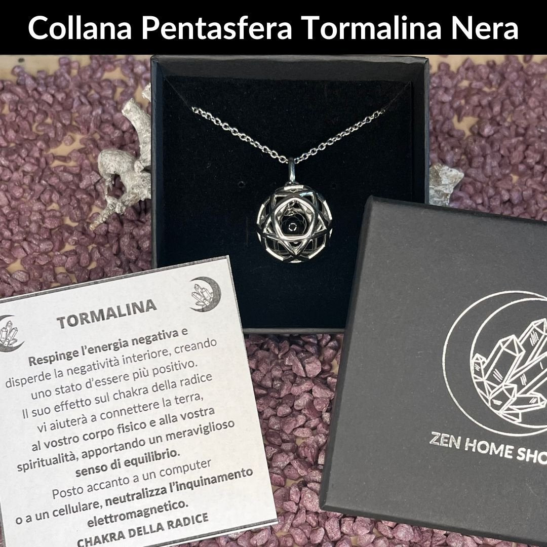 Collana Regolabile Ciondolo Pentasfera in acciaio inossidabile con pietra naturale Tormalina Nera - Zen Home