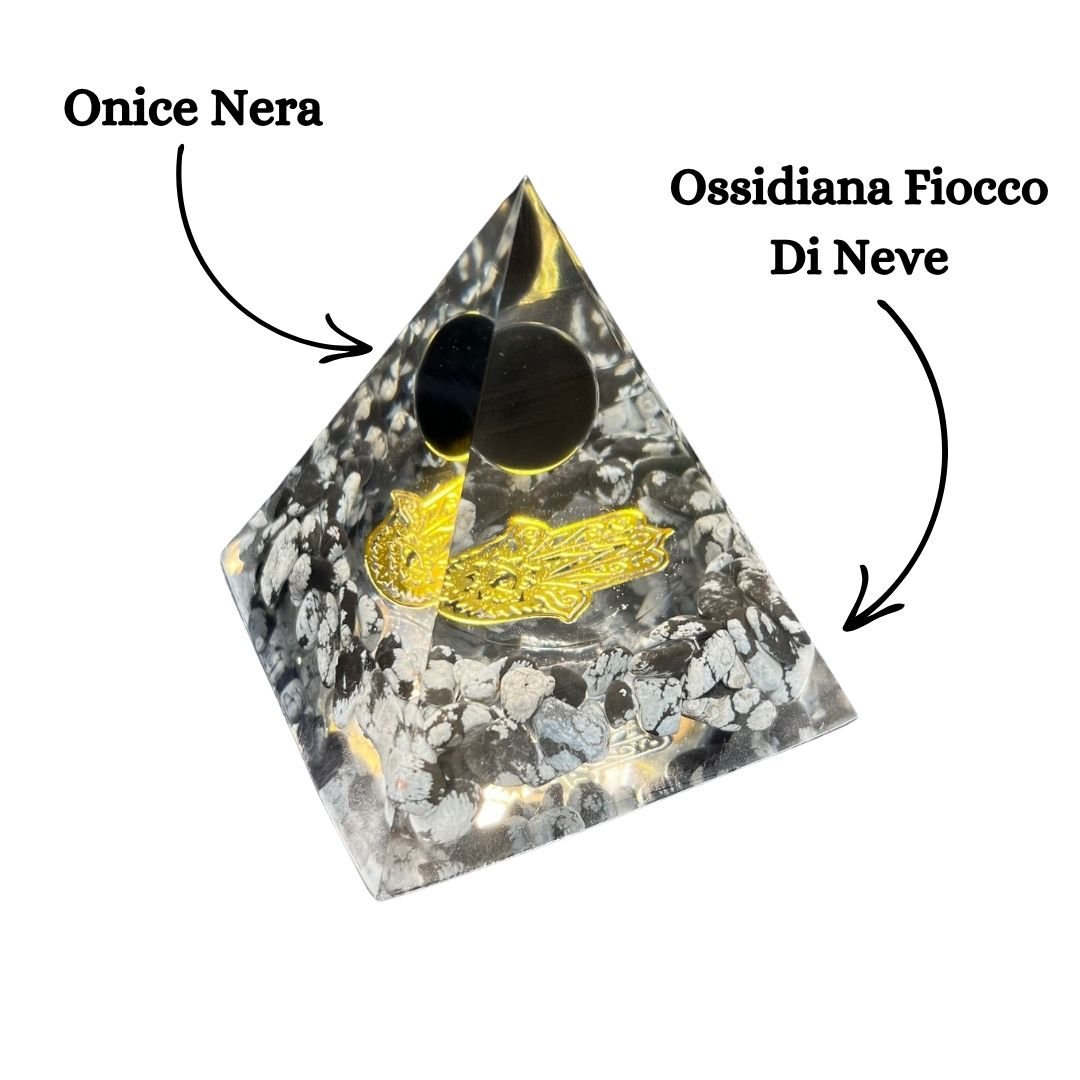 Piramide Orgonica Ossidiana fiocco di Neve - Onice Nera - Mano di fatima oro - Zen Home