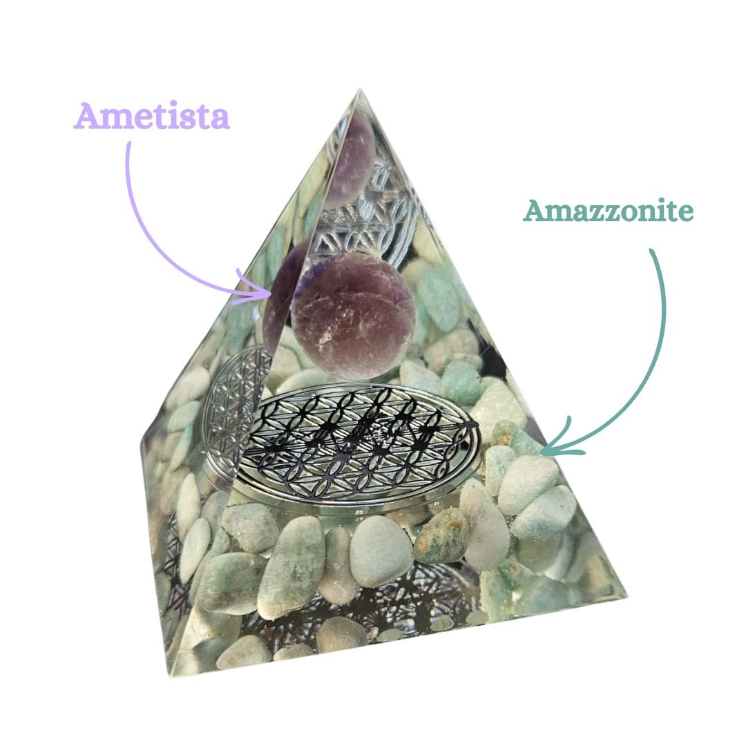 Piramide Orgonite Amazzonite - Ametista - Fiore della Vita Argento - Zen Home