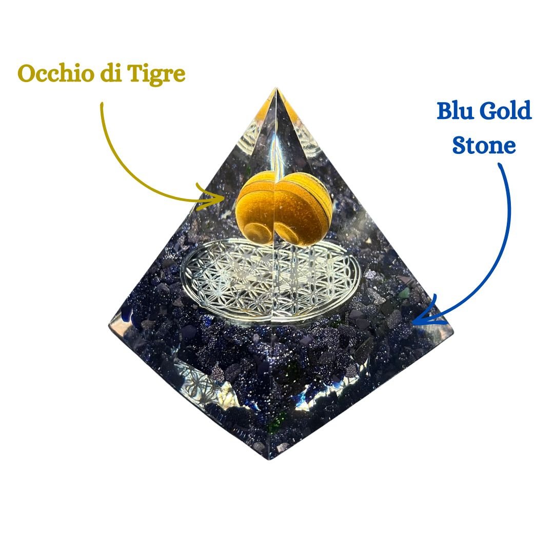 Piramide Orgonite Blu Gold Stone - Occhio di Tigre - Fiore della Vita argento - Zen Home