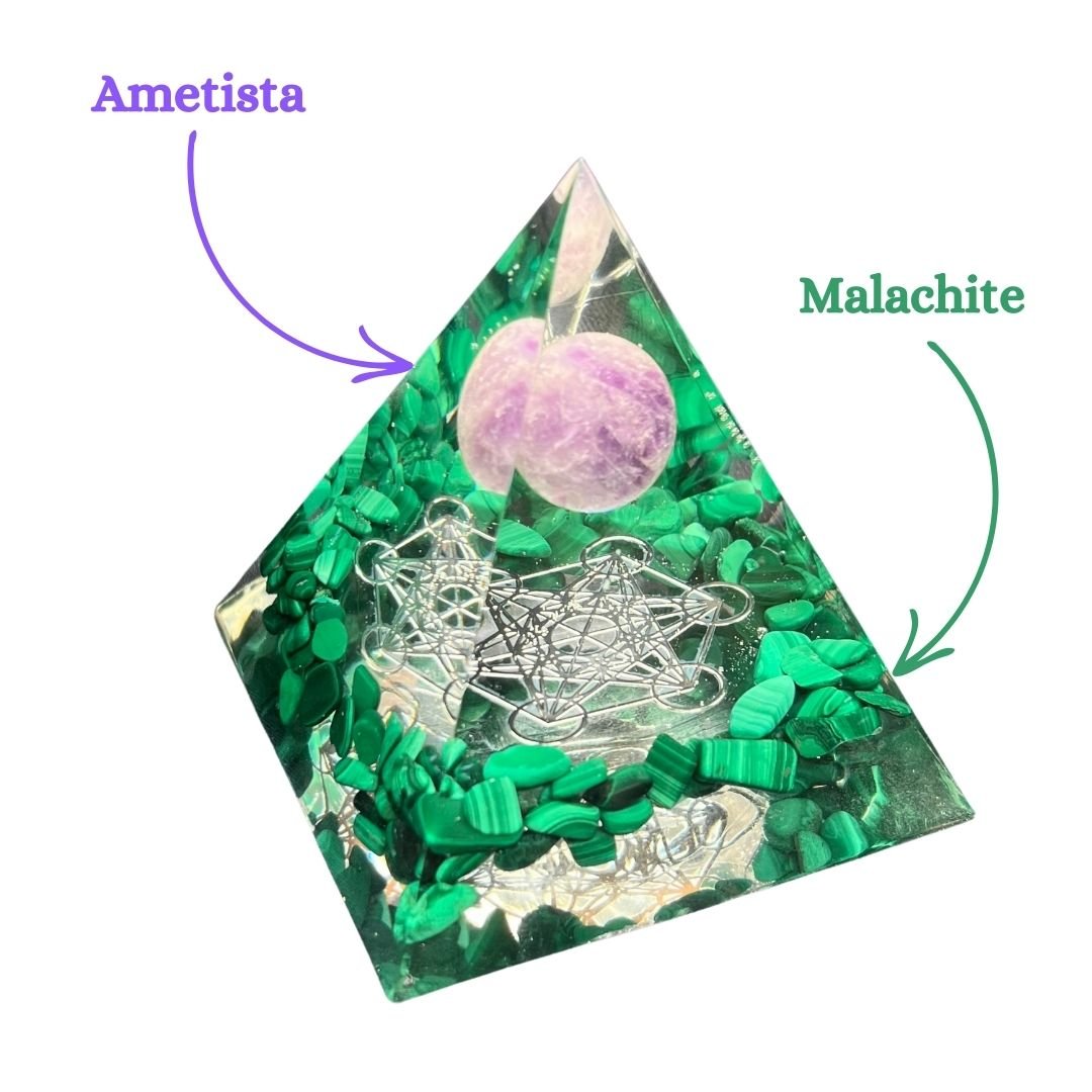 Piramide Orgonite Malachite - Ametista - Metatron argento Tik Tok - Zen Home