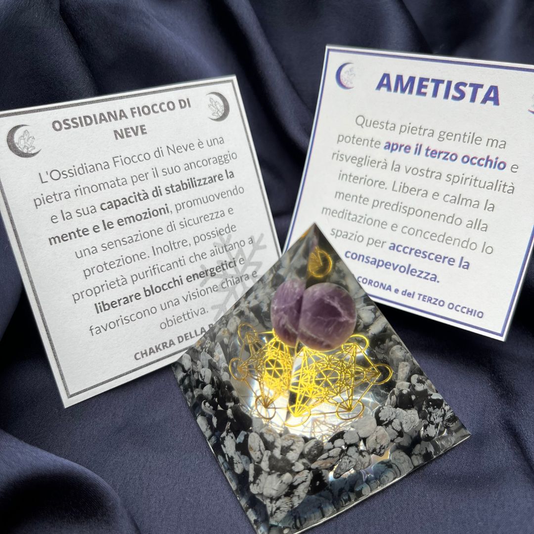 Piramide Orgonite Ossidiana fiocco di Neve - Ametista - Metatron oro - Zen Home