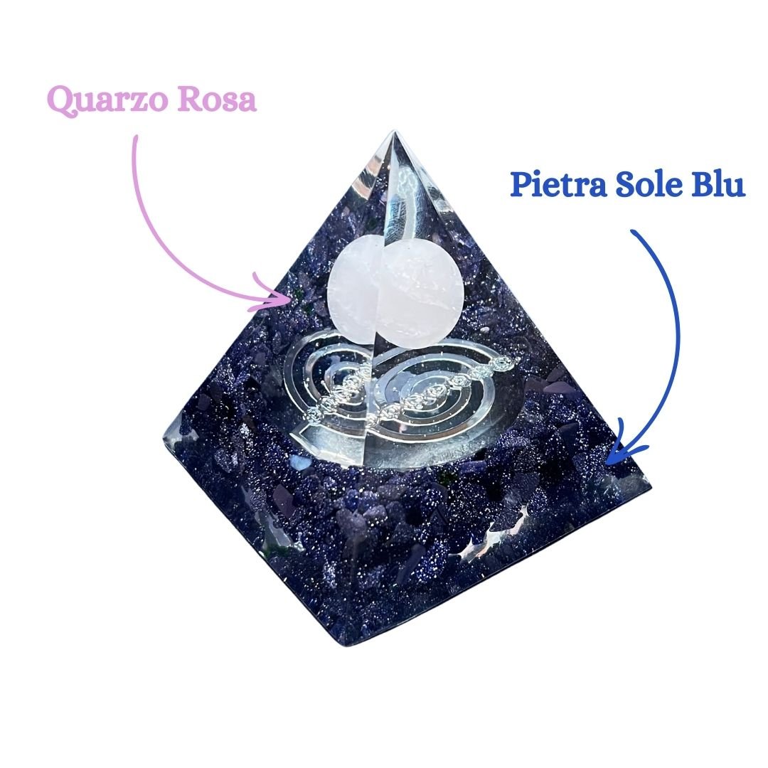 Piramide Orgonite Pietra Sole Blu - Quarzo Rosa - Choku Rei Argento (Led Incluso) - Zen Home