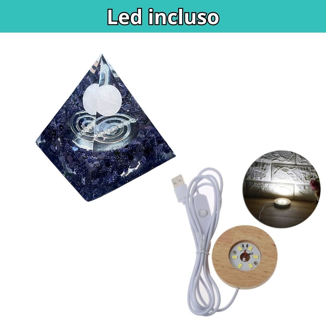 Piramide Orgonite Pietra Sole Blu - Quarzo Rosa - Choku Rei Argento (Led Incluso) - Zen Home