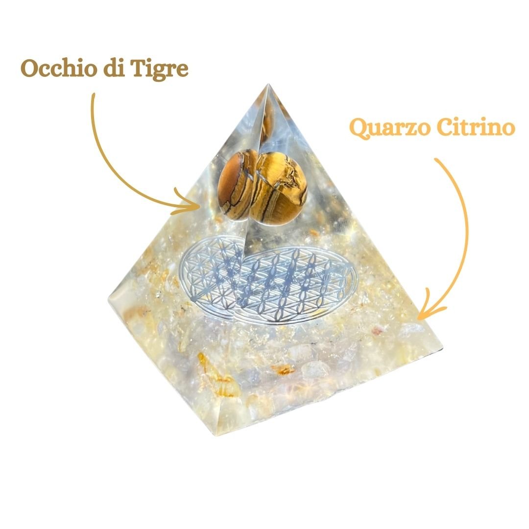 Piramide Orgonite Quarzo Citrino - Occhio di Tigre - Fiore della Vita Argento - Zen Home