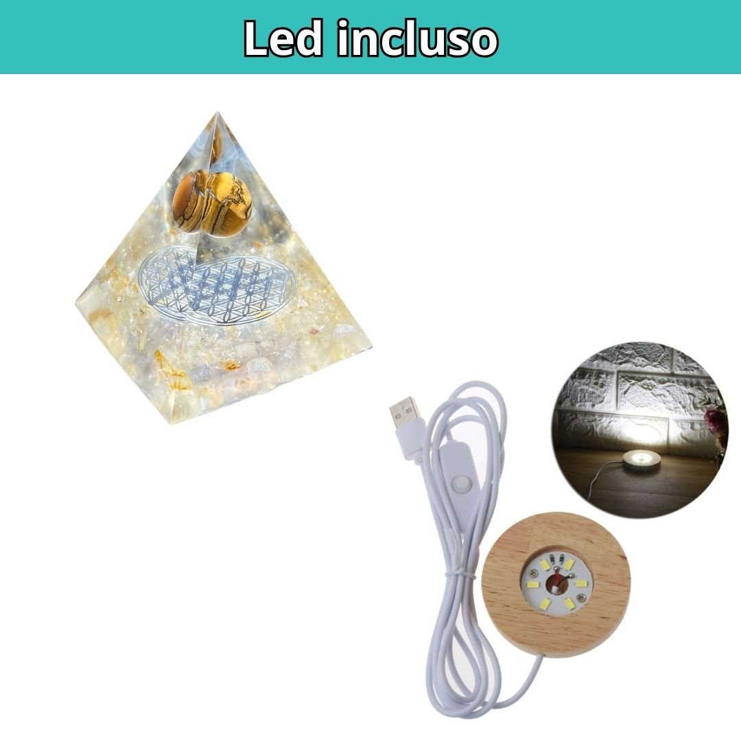 Piramide Orgonite Quarzo Citrino - Occhio di Tigre - Fiore della Vita Argento - Zen Home