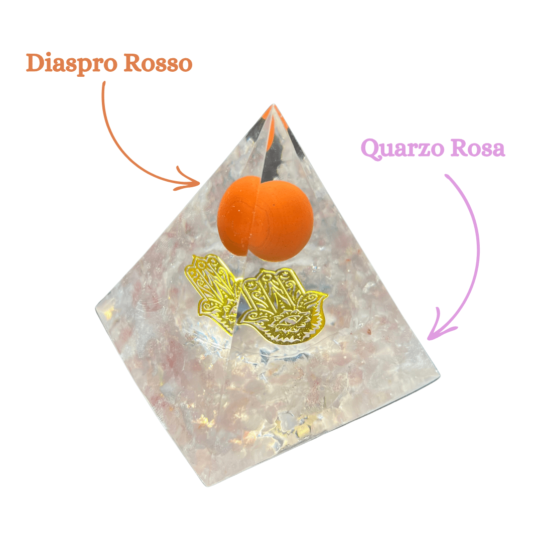 Piramide Orgonite Quarzo Rosa - Diaspro Rosso - Mano di Fatima Oro - Zen Home