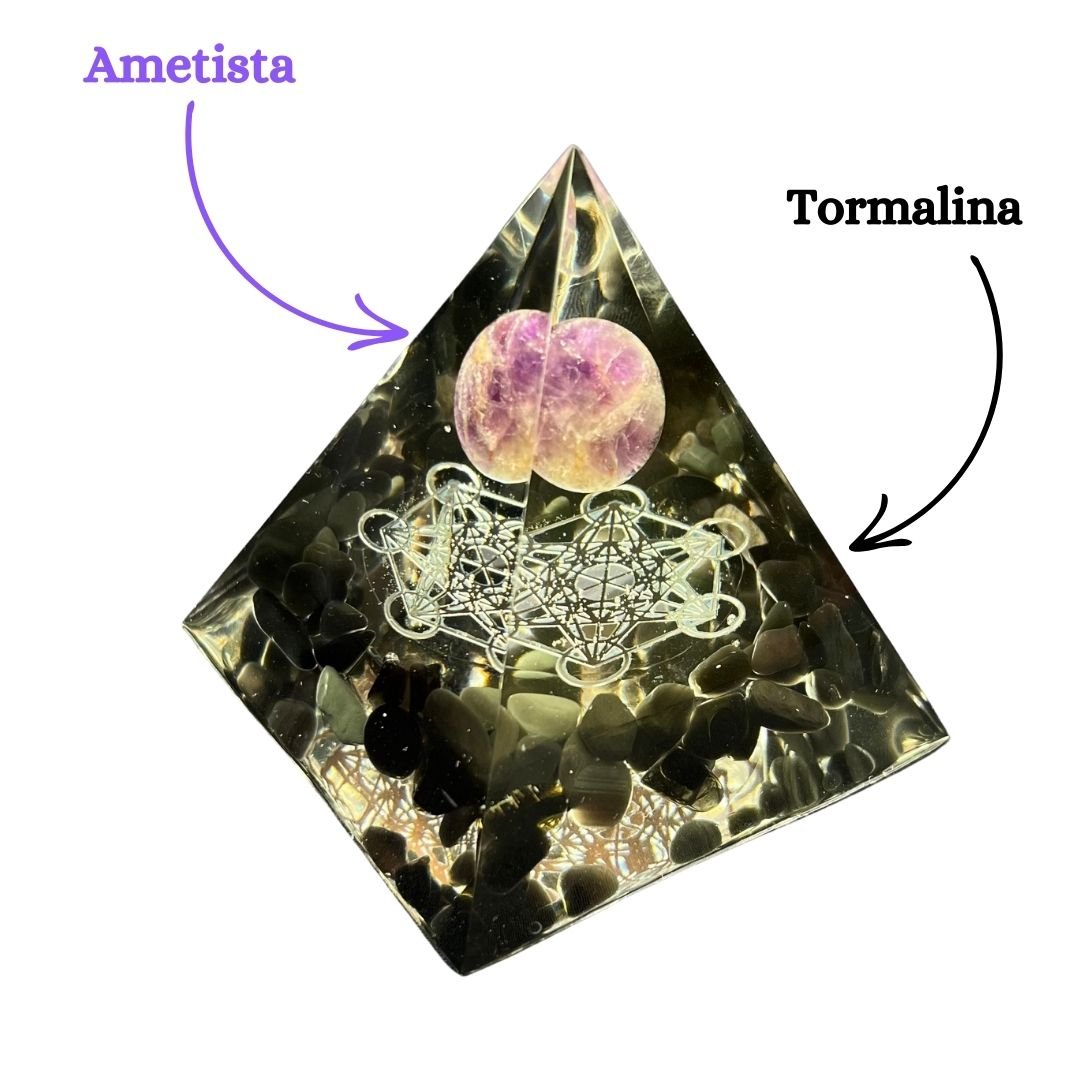 Piramide Orgonite Tormalina - Ametista - metatron argento - Zen Home