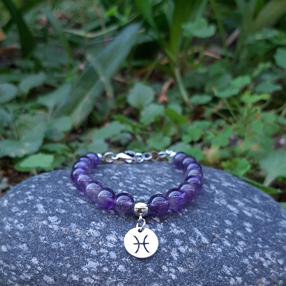 AMETISTA SEGNI ZODIACALI - Bracciale regolabile in acciaio inossidabile e pietre naturali da 8 mm - Zen Home