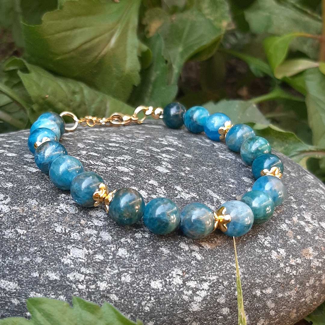 APATITE BLU - Bracciale regolabile in acciaio oro e pietre naturali da 8 mm - Zen Home