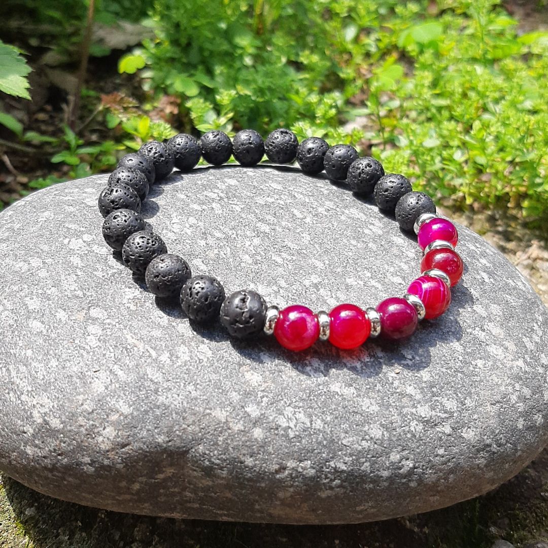 Bracciale elastico con pietra lavica naturale e agata fucsia - Zen Home (17183333)