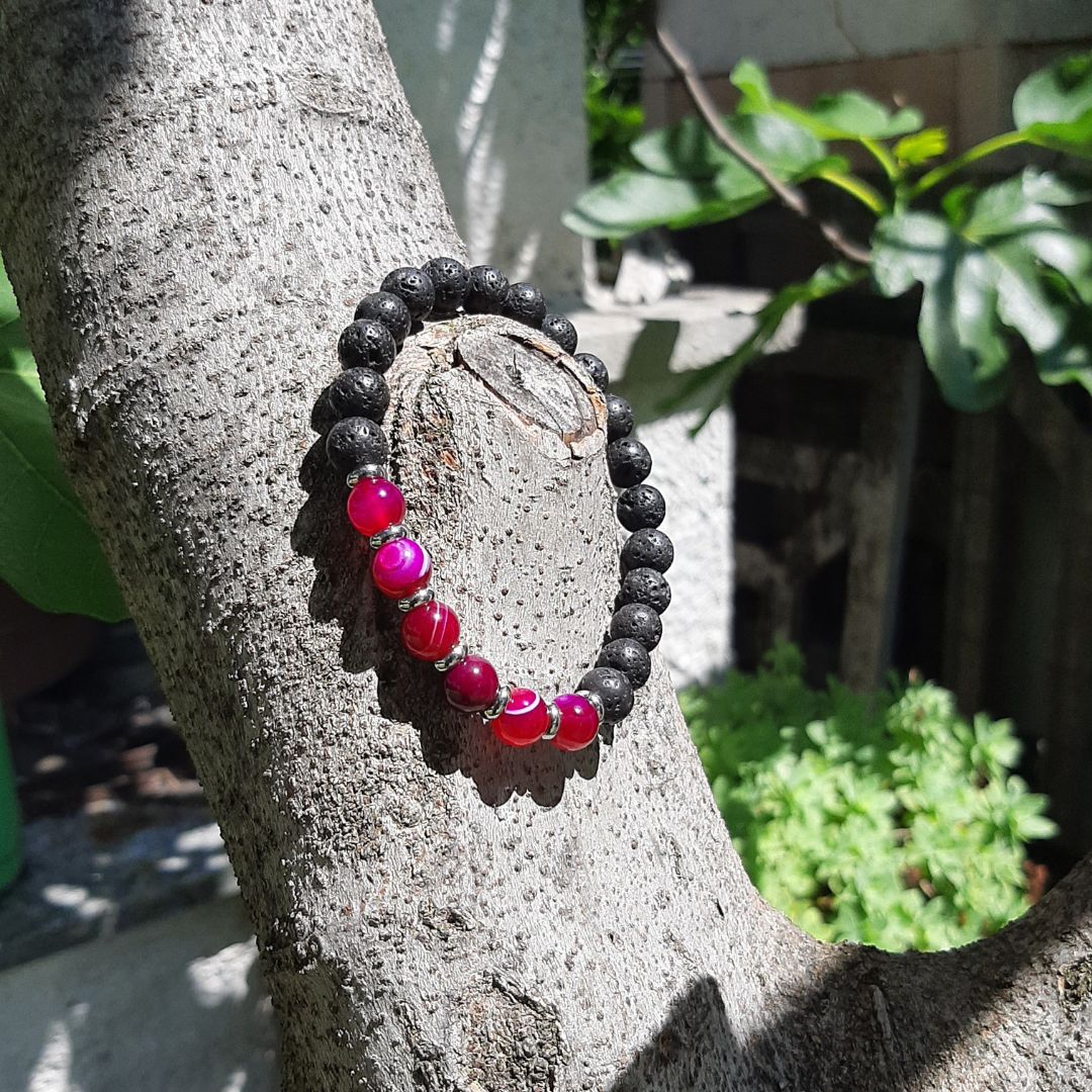 Bracciale elastico con pietra lavica naturale e agata fucsia - Zen Home (17183334)