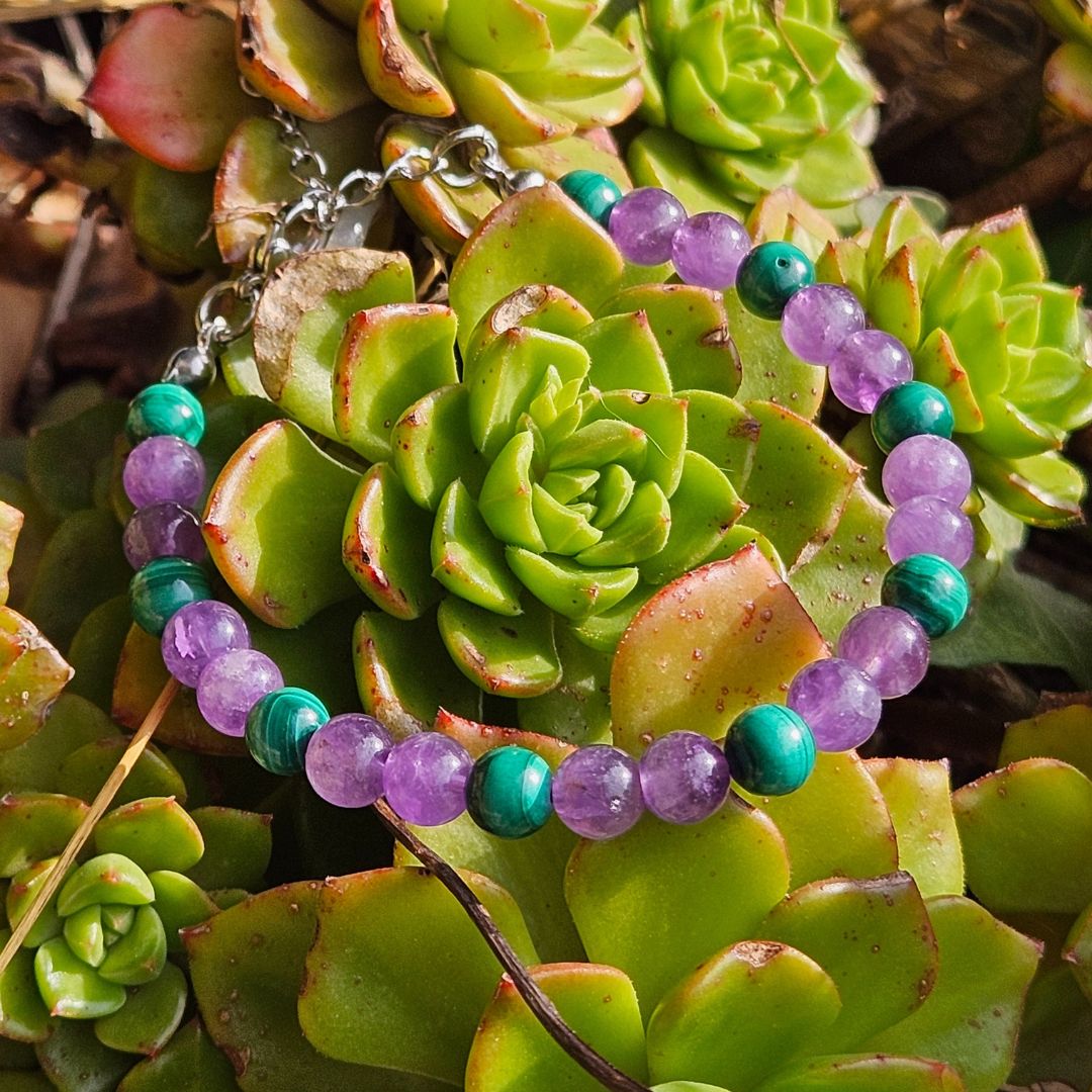 Bracciale in pietra naturale ametista e malachite da 6 mm - Zen Home