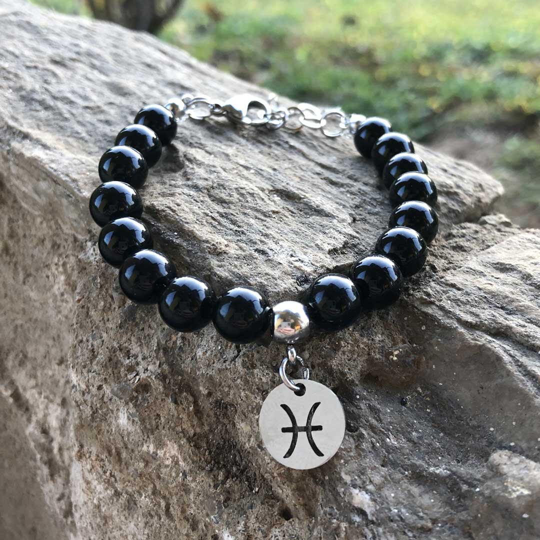Bracciale Regolabile in acciaio inossidabile con pietra naturale Onice Nera / Pesci Zen Home