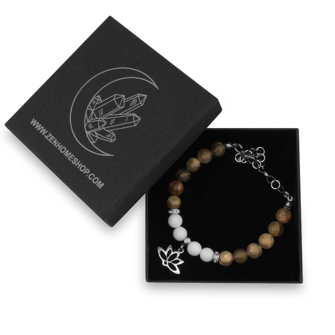 FIORE DI LOTO - Bracciale regolabile in acciaio inossidabile con pietre naturali da 8 mm LABRADORITE+ agata bianca - Zen Home