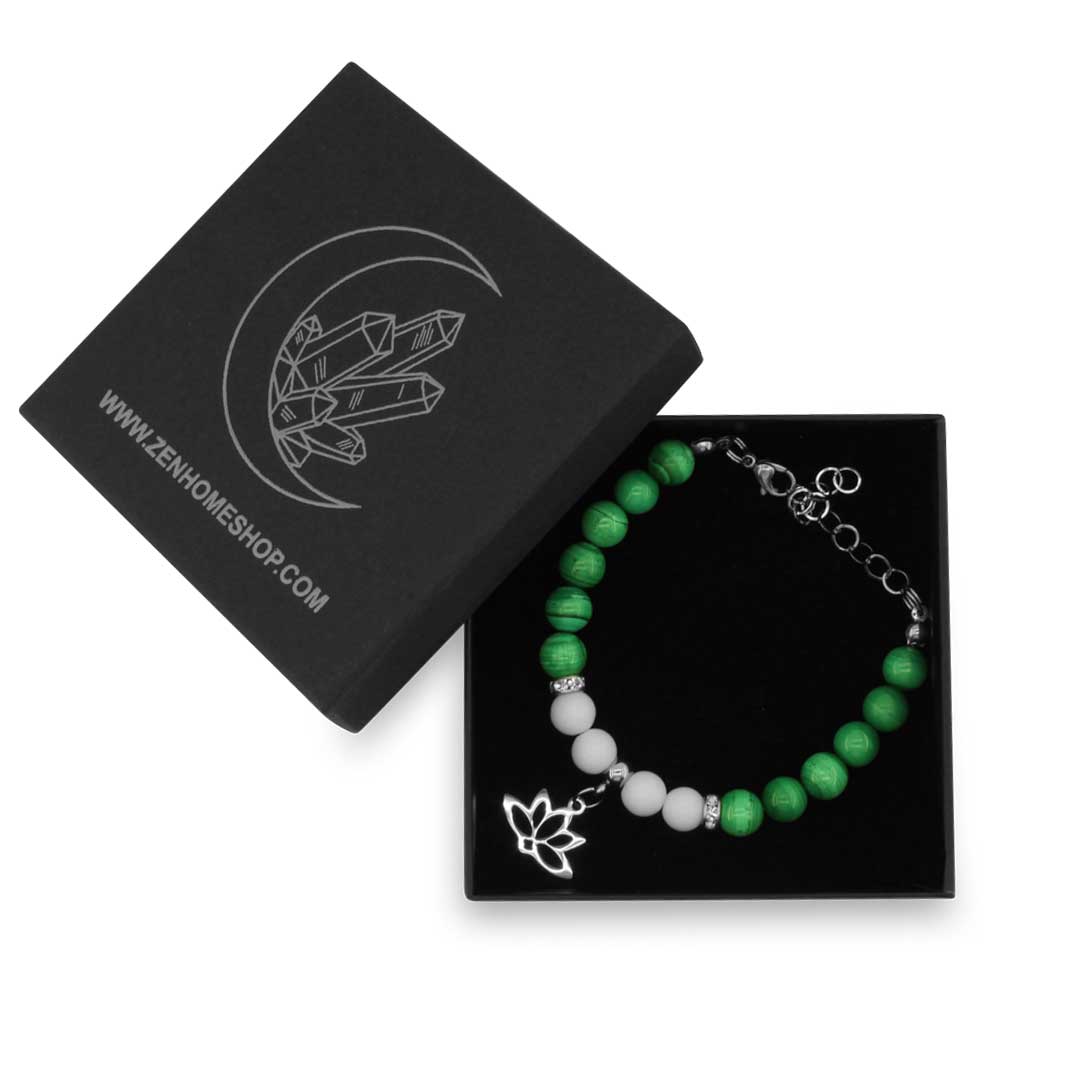 FIORE DI LOTO - Bracciale regolabile in acciaio inossidabile con pietre naturali da 8 mm MALACHITE + agata bianca - Zen Home