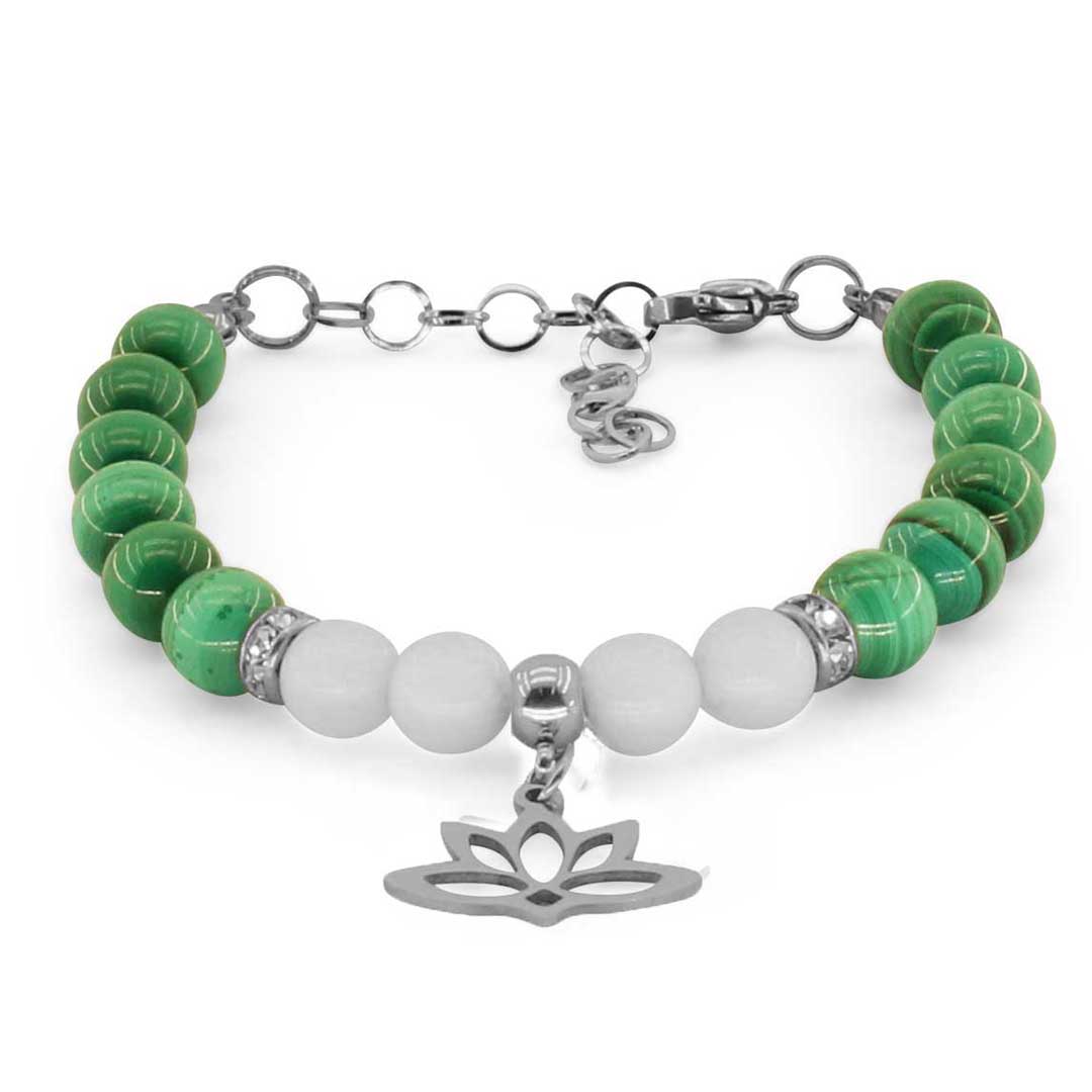 FIORE DI LOTO - Bracciale regolabile in acciaio inossidabile con pietre naturali da 8 mm MALACHITE + agata bianca - Zen Home