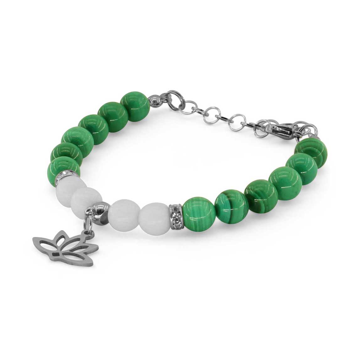 FIORE DI LOTO - Bracciale regolabile in acciaio inossidabile con pietre naturali da 8 mm MALACHITE + agata bianca - Zen Home