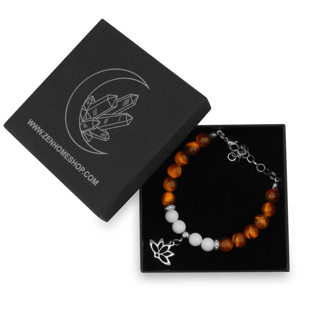 FIORE DI LOTO - Bracciale regolabile in acciaio inossidabile con pietre naturali da 8 mm OCCHIO DI TIGRE + agata bianca - Zen Home