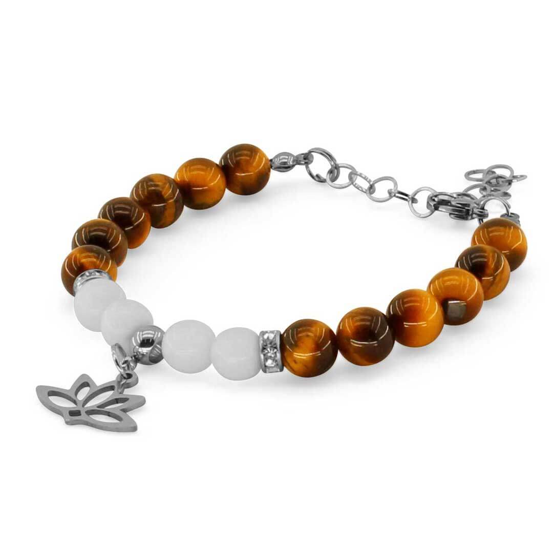 FIORE DI LOTO - Bracciale regolabile in acciaio inossidabile con pietre naturali da 8 mm OCCHIO DI TIGRE + agata bianca - Zen Home