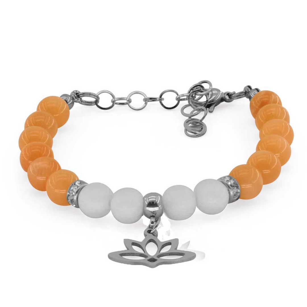 FIORE DI LOTO - Bracciale regolabile in acciaio inossidabile con pietre naturali da 8 mm Pietra del sole + agata bianca - Zen Home