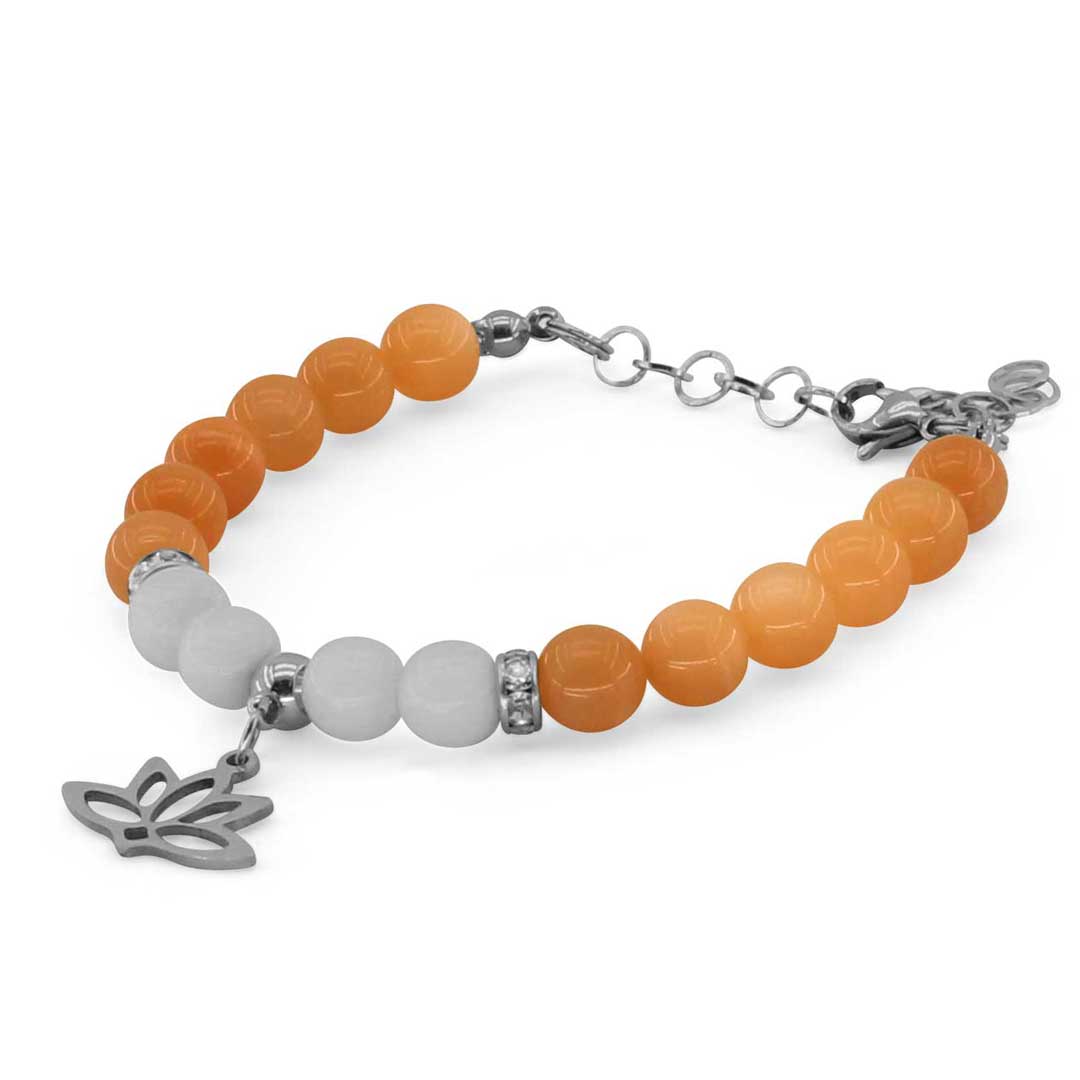 FIORE DI LOTO - Bracciale regolabile in acciaio inossidabile con pietre naturali da 8 mm Pietra del sole + agata bianca - Zen Home