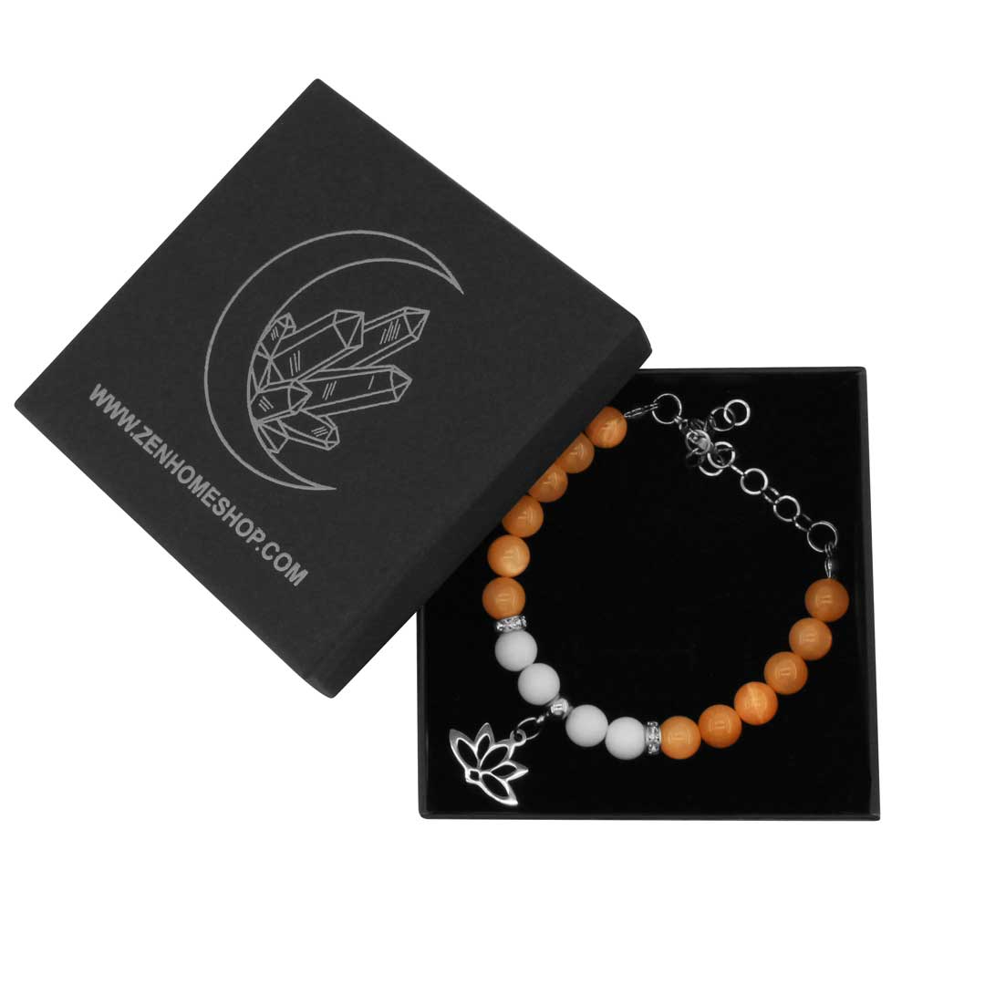 FIORE DI LOTO - Bracciale regolabile in acciaio inossidabile con pietre naturali da 8 mm Pietra del sole + agata bianca - Zen Home