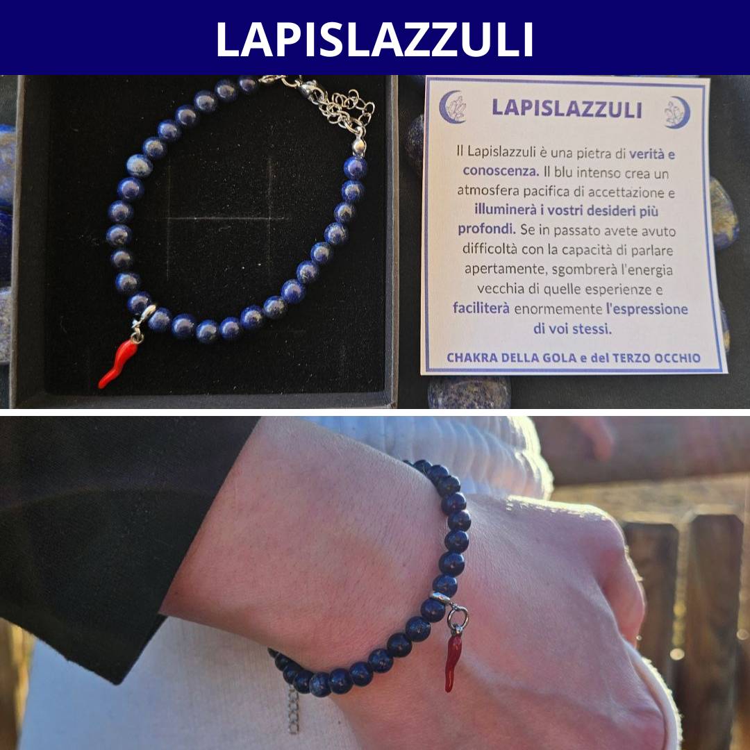LAPISLAZZULI - Bracciale con pietre naturali da 6 mm e cornetto portafortuna - Zen Home