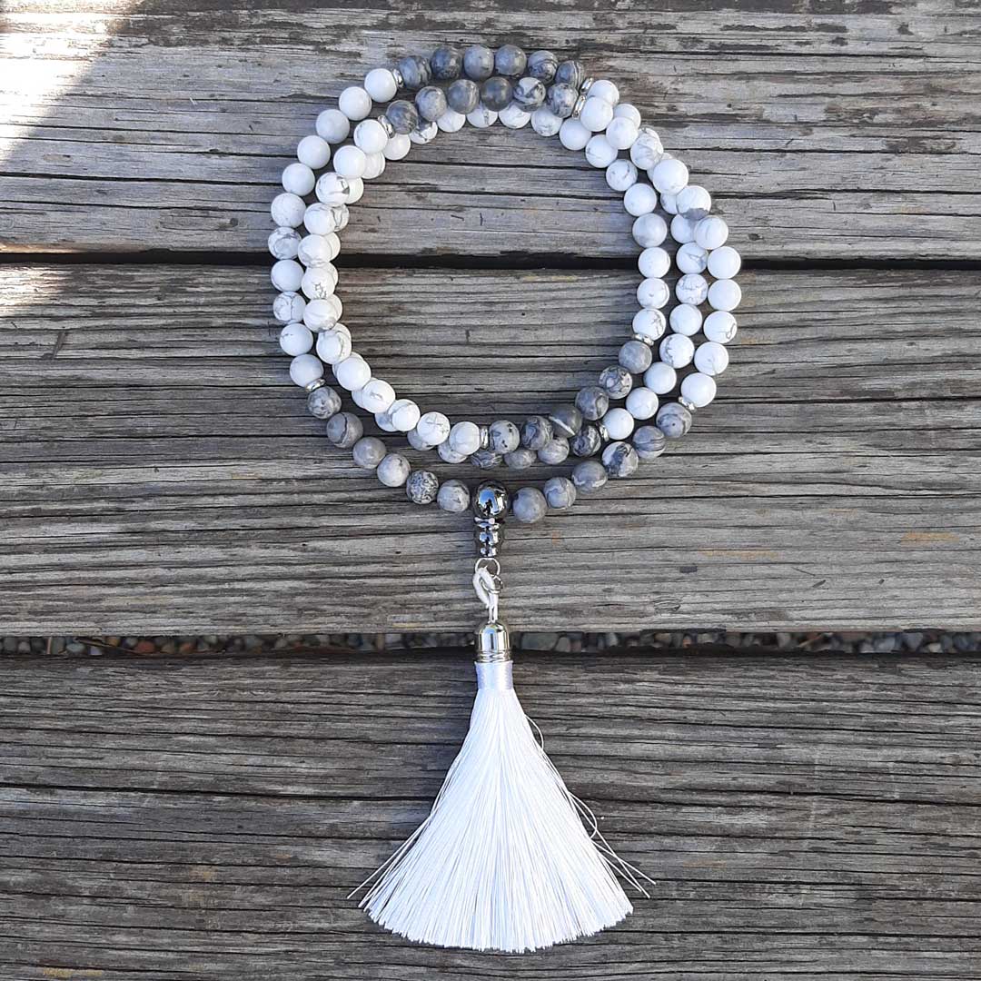 Mala tibetano originale con 108 grani in pietra naturale di Howlite e Diaspro Grigio da 8 mm - Zen Home