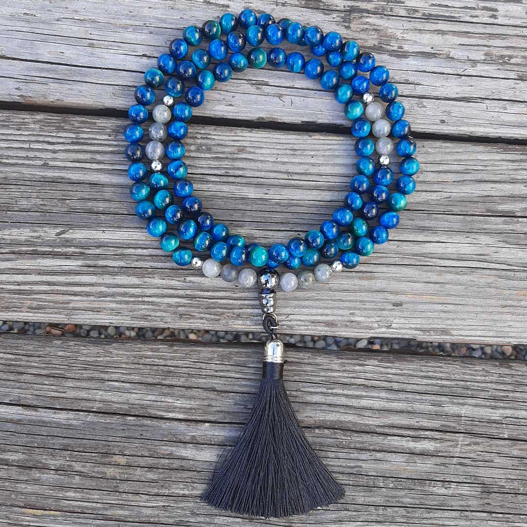 Mala tibetano Labradorite e Occhio di Tigre Blu